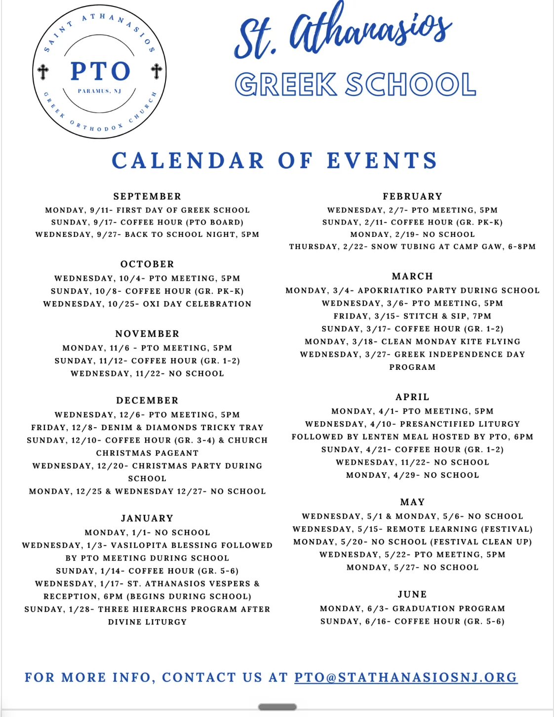 St. Athanasios Greek School PTO calendar of events